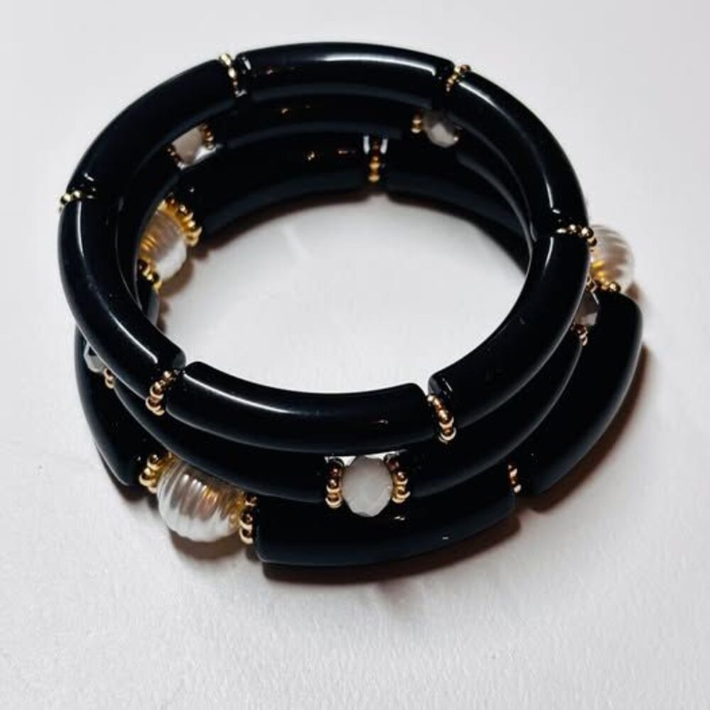 Chunky Black Acrylic Tube Bead Bracelet Stack Set | Boho Bamboo Style